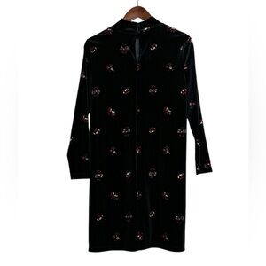Loft Black Velvet Shift Dress Red Floral Mock Neck Office SZ Petite Small
